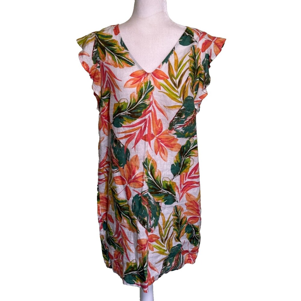 Women's 100% Linen Tropical Leaf Floral Shift Dress Resort Beach Vacation Sz Med